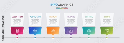 Concept of shopping process with 6 successive steps. Six colorful graphic elements. Timeline design for brochure, presentation, web site. Infographic design layout.
