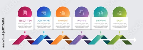 Concept of shopping process with 6 successive steps. Six colorful graphic elements. Timeline design for brochure, presentation, web site. Infographic design layout.