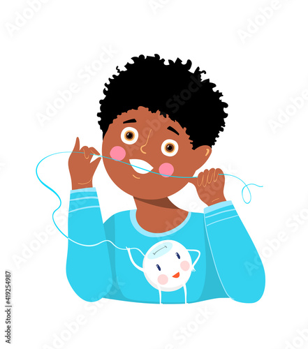 Happy African American black Boy flossing his teeth, with funny floss character on his shirt. Kids and children dental and orthodontist care illustration design. Vector cartoon.