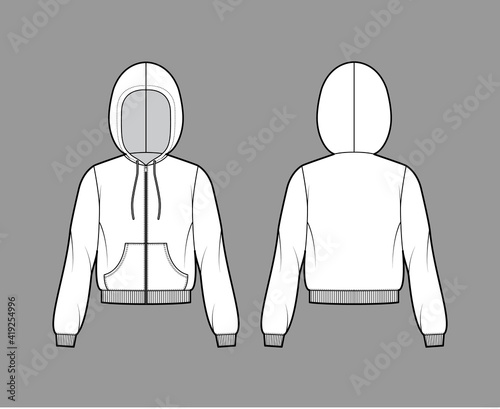 Zip-up Hoody sweatshirt technical fashion illustration with long sleeves, relax body, kangaroo pouch, knit rib cuff, banded hem. Flat template front, back, white color. Women, men, unisex CAD mockup