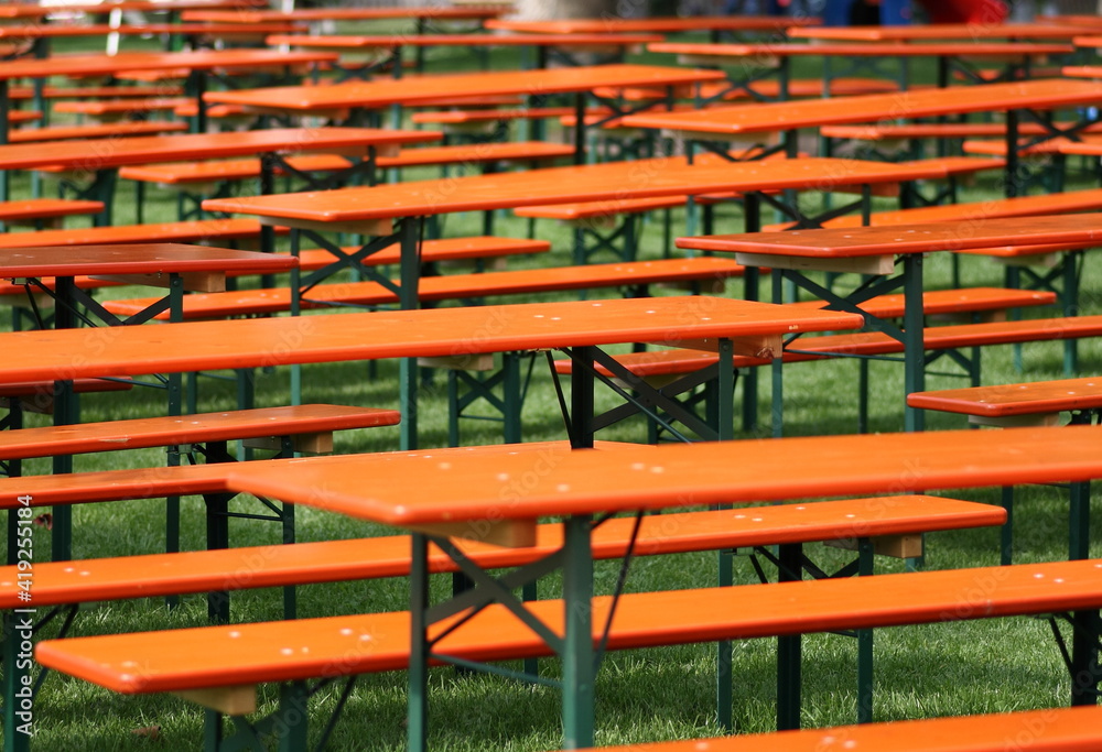 Empty Ale Benches In A Bavarian Beergarden Waiting For Guests Empty Ale Benches In A Bavarian Beergarden Waiting For Guests