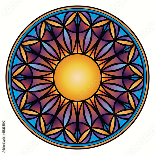 Vector geometric stained glass solar mandala. Window in a Catholic church is made of colored glass