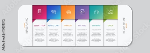 Concept of shopping process with 6 successive steps. Six colorful graphic elements. Timeline design for brochure, presentation, web site. Infographic design layout.