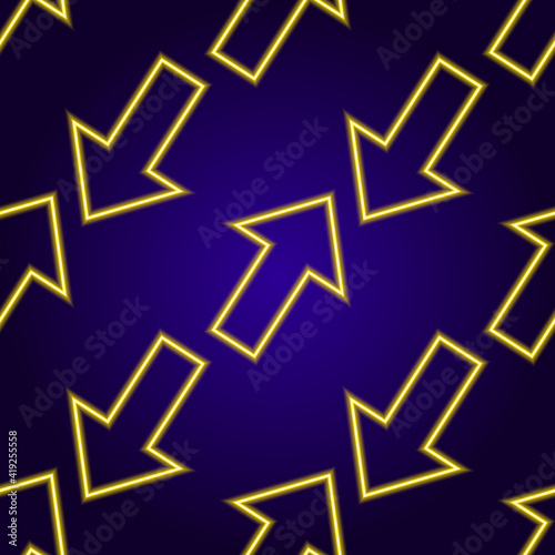 a seamless square format pattern of neon yellow line arrows on a dark blue background for a design template. arrows one meets the other diagonally arranged