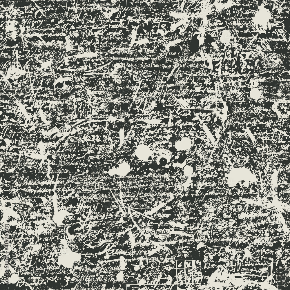 Obraz premium Abstract seamless pattern with scribbles, spots and imitation of handwritten text on a black backdrop. Repetitive vector background, suitable for wallpaper, wrapping paper, textiles or fabric