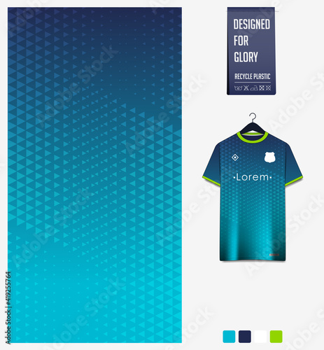 Soccer jersey pattern design. Geometric pattern on blue abstract background for soccer kit, football kit or sports uniform. T-shirt mockup template. Fabric pattern. Sport background. 