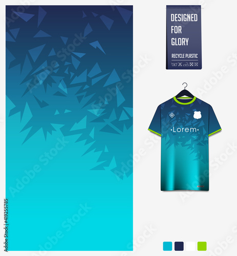 Soccer jersey pattern design. Mosaic pattern on blue abstract background for soccer kit, football kit or sports uniform. T-shirt mockup template. Fabric pattern. Sport background. 