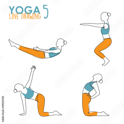 Continuous line drawing of woman yoga pose or asana posture. Female exercising for body stretching.  4 Yoga poses for workout in contour free hand drawing. Vector Illustration. 