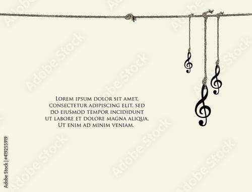 Vintage banner or background with treble clefs and place for text on a light backdrop. Vector music illustration with treble clefs hanging on a rope in retro style