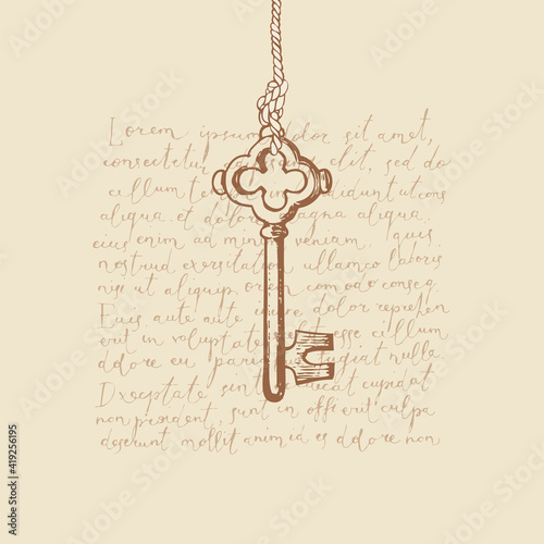 Vintage banner with an old hand-drawn key hanging on a string and handwritten text Lorem ipsum. Vector illustration in retro style with brown drawings on the old paper background
