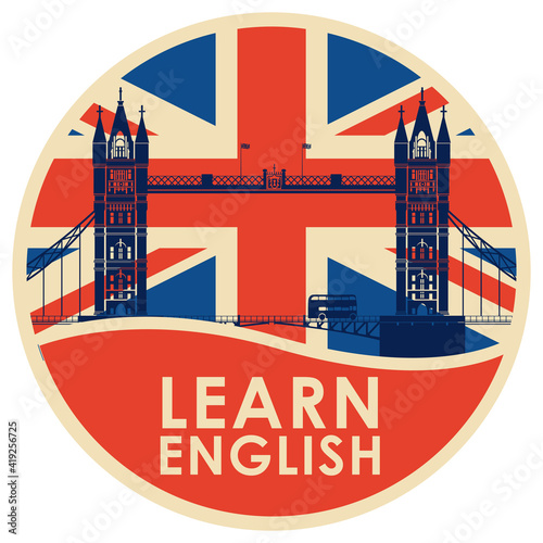 Vector logo or icon on the topic of learning English for a language school or online courses. Decorative round banner in retro style with Tower Bridge, the British flag and inscription Learn English