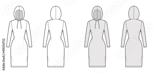 Hoody dress technical fashion illustration with long sleeves, knee length, fitted body, Pencil fullness. Flat apparel sweater template front, back, white, grey color style. Women men unisex CAD mockup