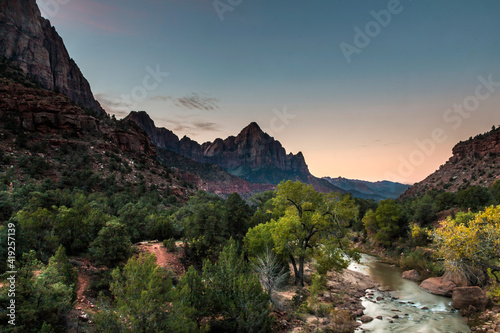 dramatic landscape of the Watchman and the Virgin River in Zion national park in Utah