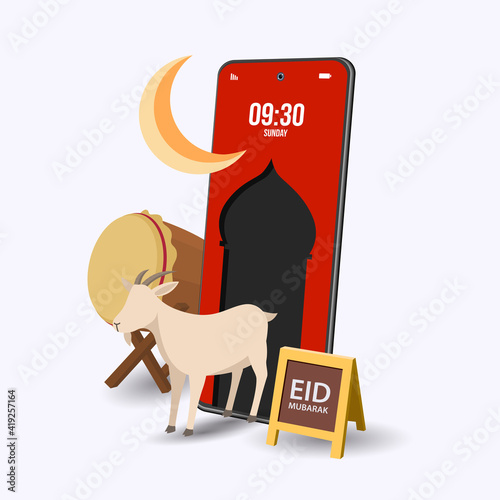 Vector illustration. Muslim holiday Eid al-Adha. the sacrifice a ram or red and black Goat. graphic design decoration kurban bayrami. smartphone and moon