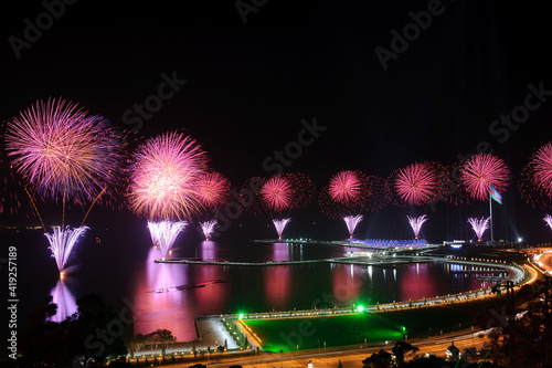 Colorful Eurovision-2012 Song Contest fireworks over Caspian Sea and Baku Crystal Hall, May 19, 2012 photo