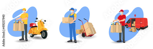 Online delivery service concept, online order tracking, delivery home and office. Warehouse, truck, scooter  courier, delivery man in respiratory mask. Vector illustration
