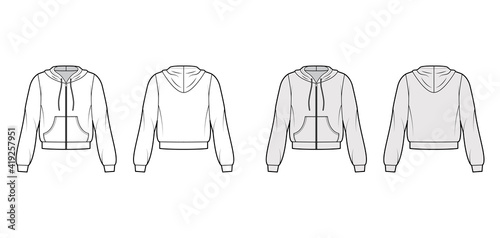 Zip-up Hoody sweatshirt technical fashion illustration with long sleeves, relax body, kangaroo pouch, banded hem. Flat apparel template front, back, white, grey color. Women, men, unisex CAD mockup