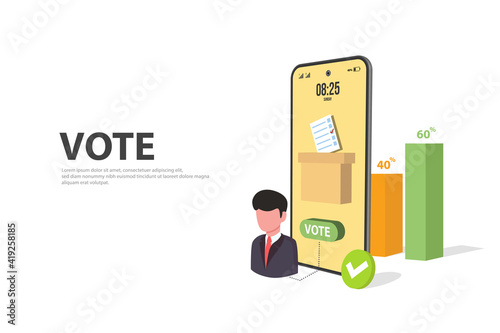 3d online vote concept with people queued up in line with smartphone voting and box votes - vector illustration