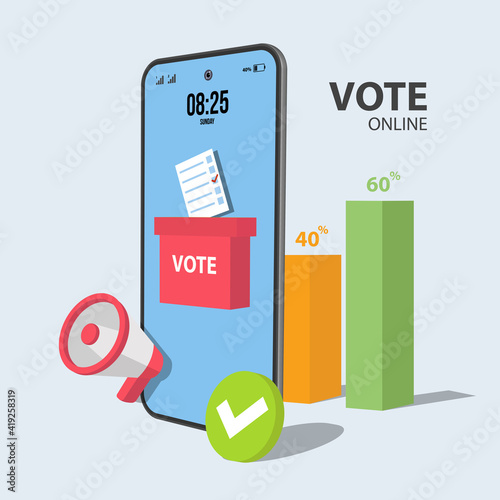 Flat vector concept voting online, selection internet system. Concept of online choices with box, bulletins, Set of Polling chart and horn speaker vector illustration design