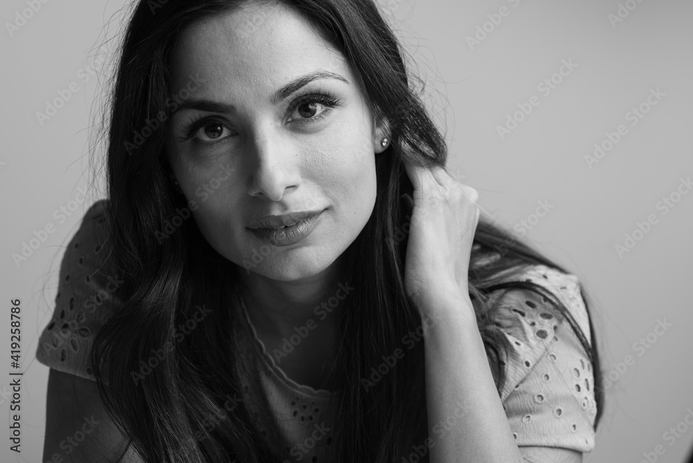 Black & white headshots of beautiful Asian Indian woman Black & white headshots of beautiful Asian Indian woman