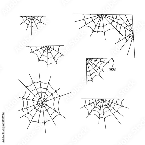 Spider web set vector outline illustration of simple fancy Halloween, isolated objects on the white background, clipart perfect for Halloween party decoration, hand drawn image, cartoon spooky charact