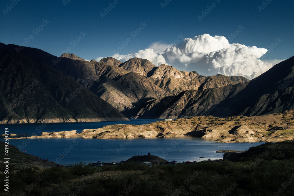 Overview of the Potrerillos dam during the sunset. Mendoza, Cuyo, Argentina