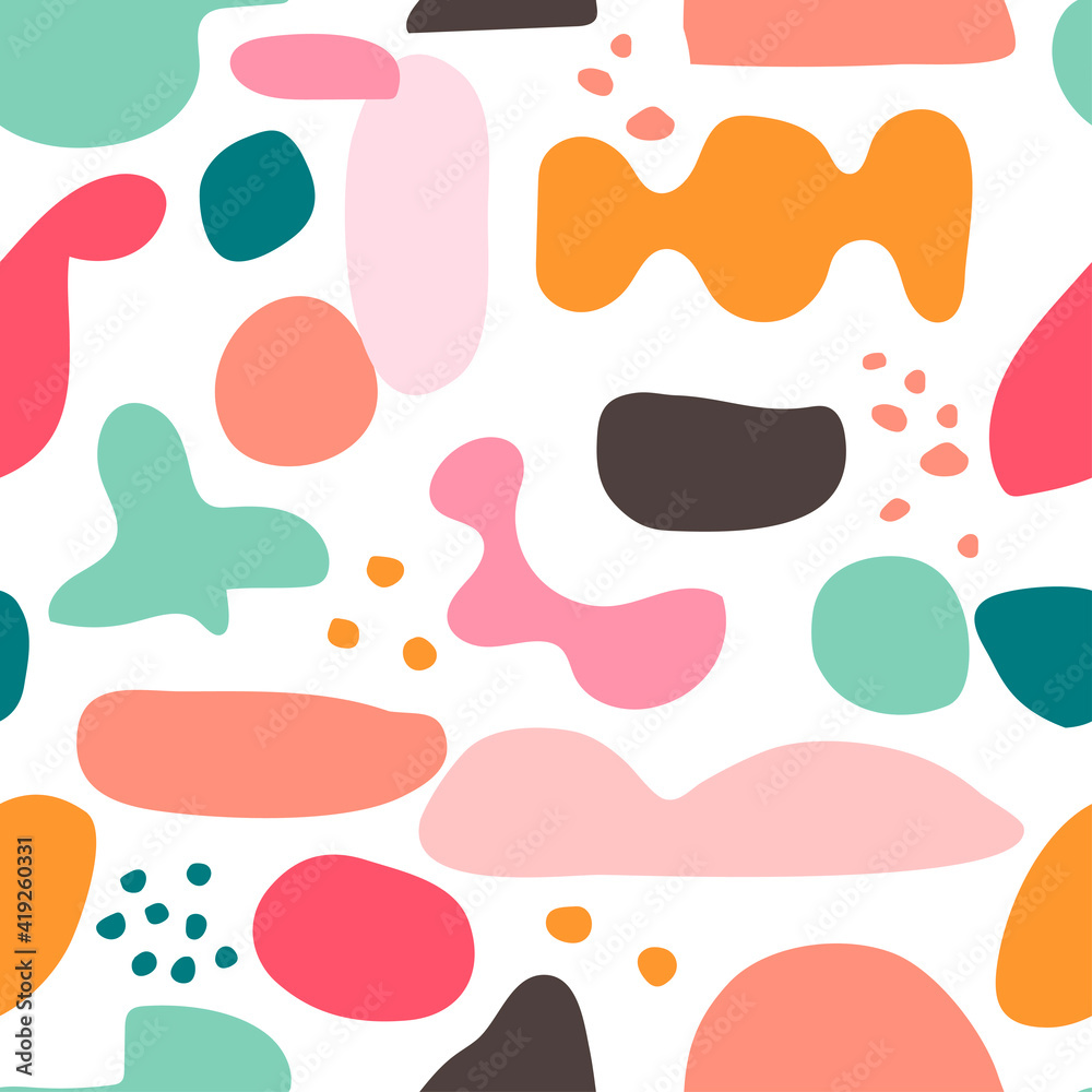 Seamless pattern featuring abstract organic and geometric shapes in delicious colors. Perfect for fabric design, packaging and branding projects, art prints, wallpaper and wrapping paper. Vector