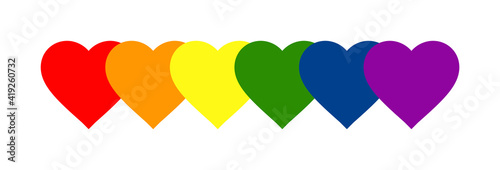 LGBT Pride Banner. Vector Illustration of Hearts in LGBTQ+ Pride Flat Colours. Rainbow Hearts Banner for Pride Month 2021. Gay Pride Hearts Design Element