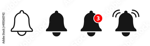 Notification Bell Icon. Set of Bell Vector Symbols for Notifications, Ringing, Alarm clock, Smartphone Application Alert. UI Symbols and Icons Vectors.
