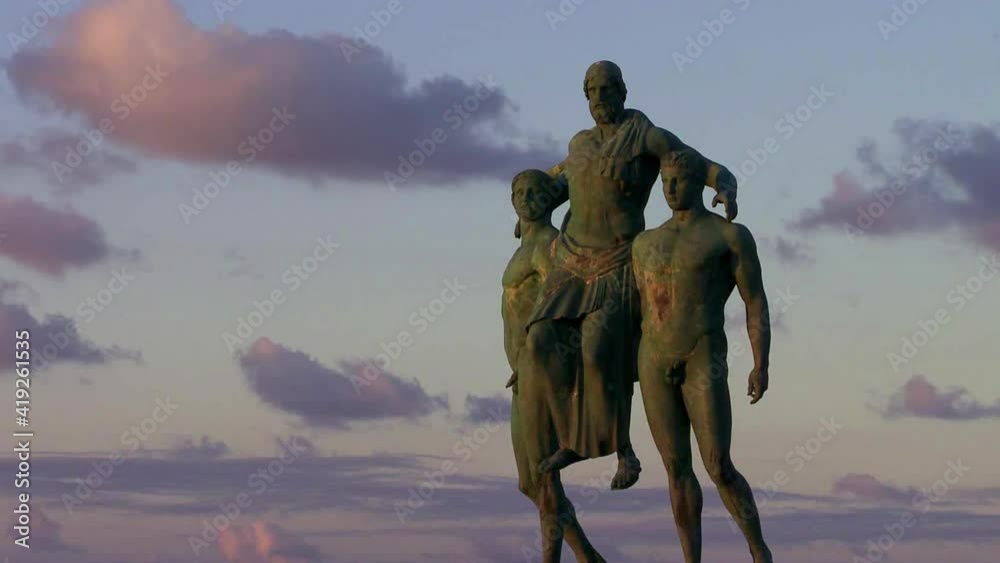 Rhodes Greece the statue of the greatest Olympic winer of the ancient Rhodes Diagoras with his sons who were also Olympians and from his joy died on his shoulders