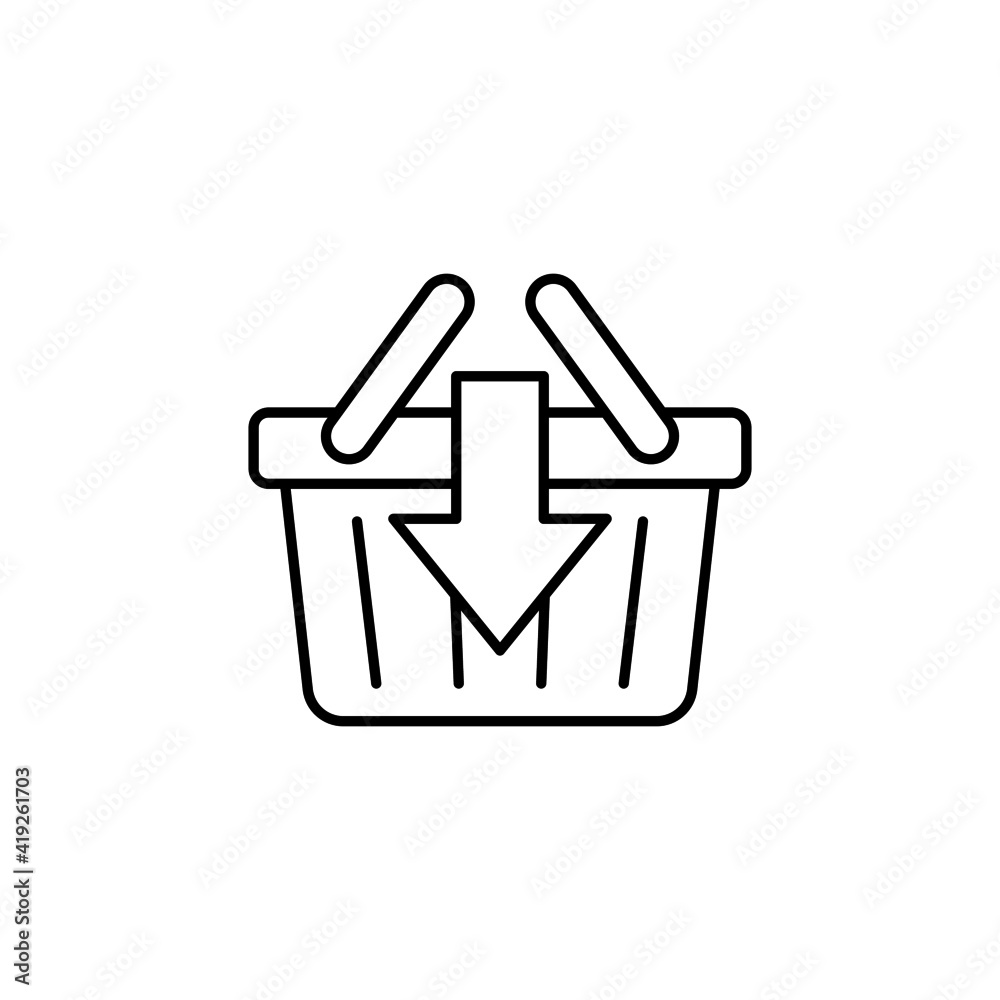 Add to Basket icon in flat black line style, isolated on white background Add to Basket icon in flat black line style, isolated on white background