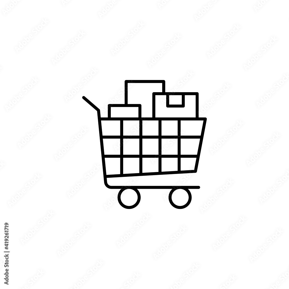 full shopping trolley icon  in flat black line style, isolated on white background 