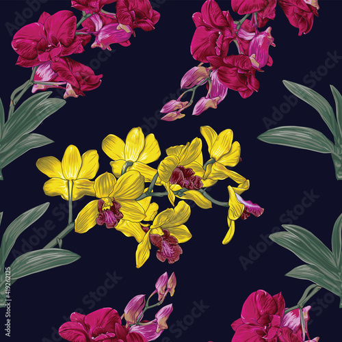 Seamless pattern floral beautiful Orchid flowers abstract background.Vector illustration hand drawing dry watercolor.for fabric textile design or Product packaging