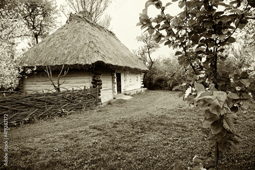 The traditional house of the villagers. Ukraine, Kharkov region, horizontal frame.