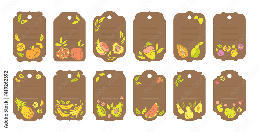 Craft label berry and fruit cartoon set template sticker. Tropical price tag hawaiian fruit, pineapple pear watermelon and tangerine, fig, lemon. Isolated trendy empty frame vector illustration Craft label berry and fruit cartoon set template sticker. Tropical price tag hawaiian fruit, pineapple pear watermelon and tangerine, fig, lemon. Isolated trendy empty frame vector illustration