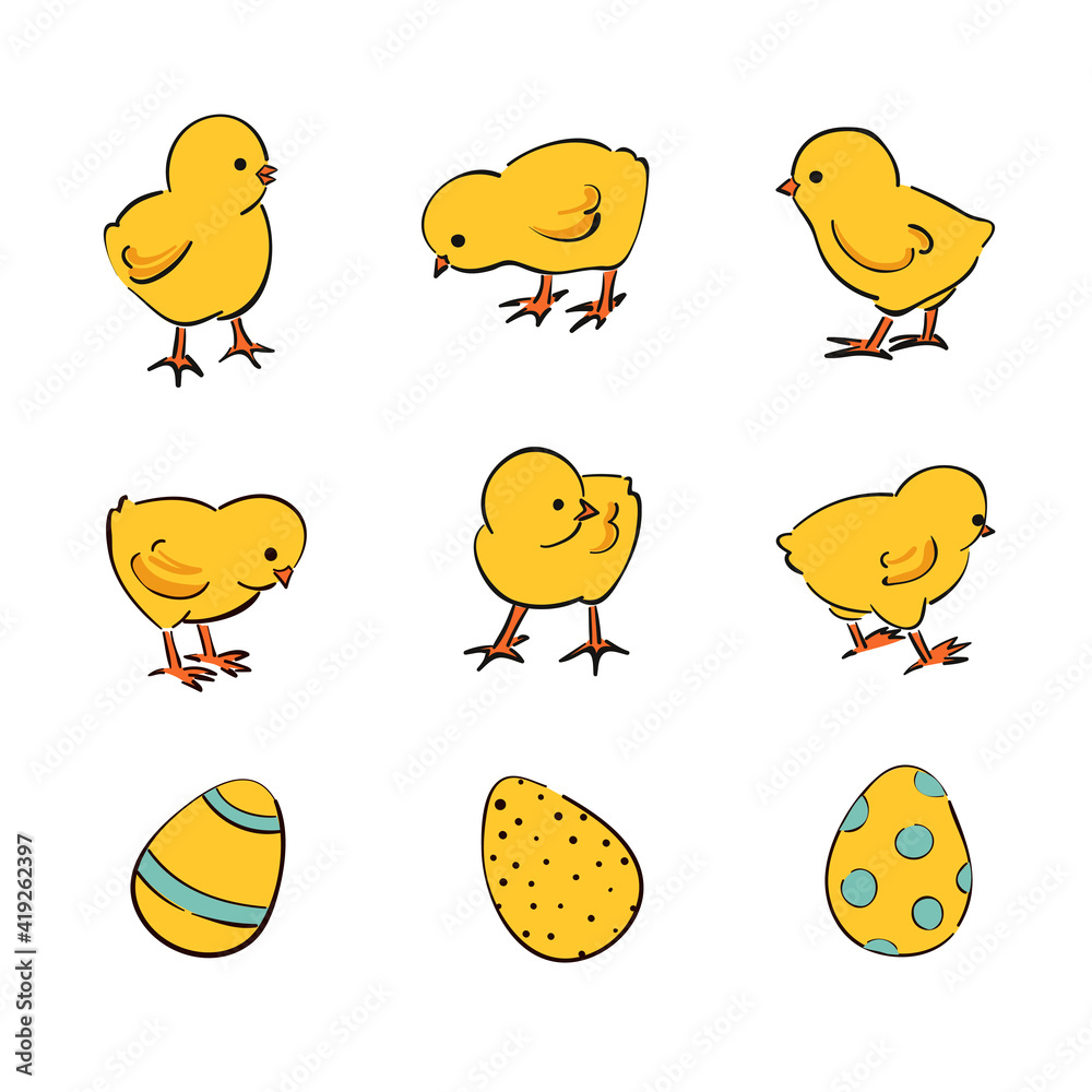 Easter set of cute cartoon chickens. Vector illustration of chicks Easter set of cute cartoon chickens. Vector illustration of chicks