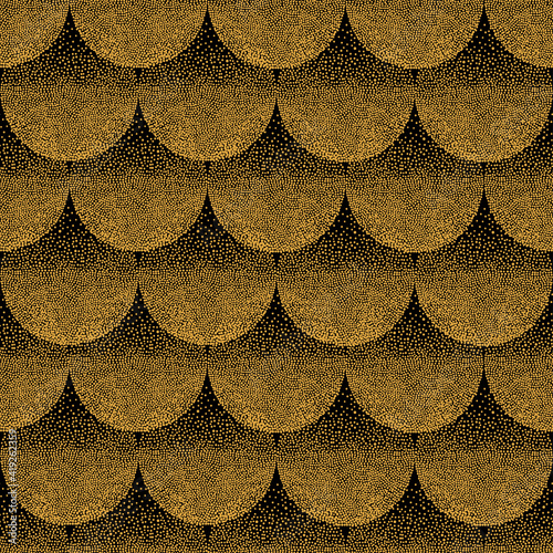 Seamless abstract wavy pattern with geometrical fish scale. Golden circles on dark black background. Wallpaper, textile, fabric design