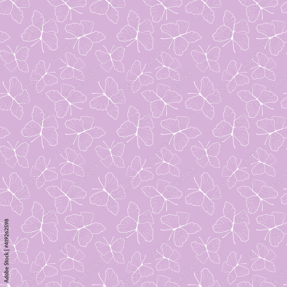 Cute seamless pattern with white butterflies on a purple background.