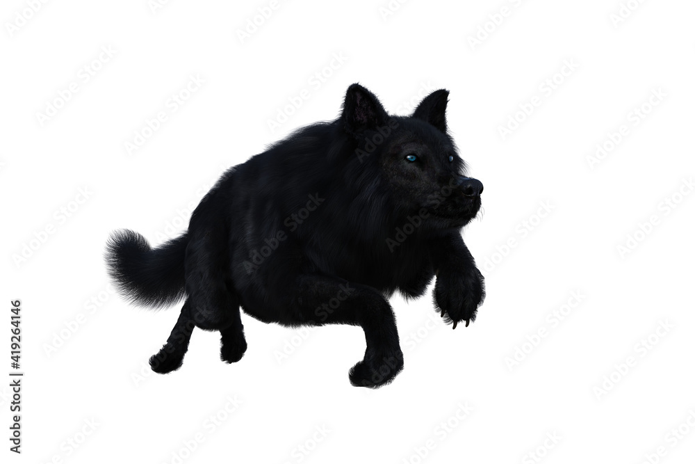 Black Dire Wolf running. 3d illustration isolated on white background, Black Dire Wolf running. 3d illustration isolated on white background,