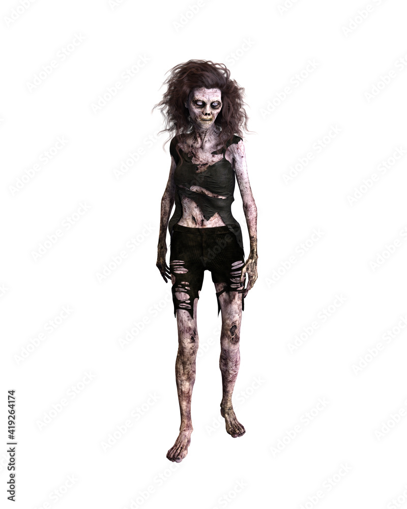 Zombie woman standing in torn clothes. 3d illustration isolated on white background.