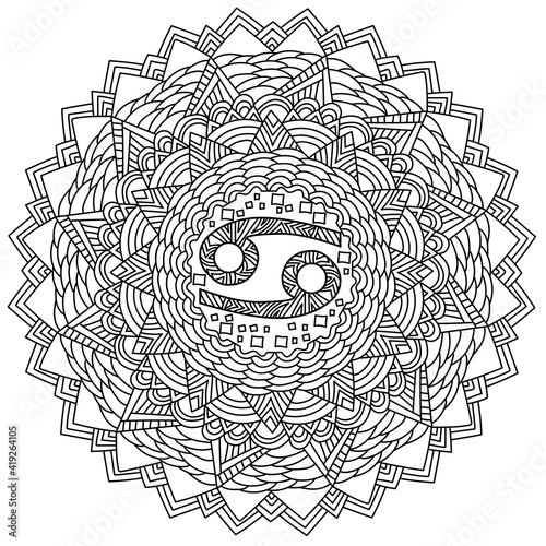 Contour mandala zodiac sign Cancer coloring page with meditative patterns and intricate swirls