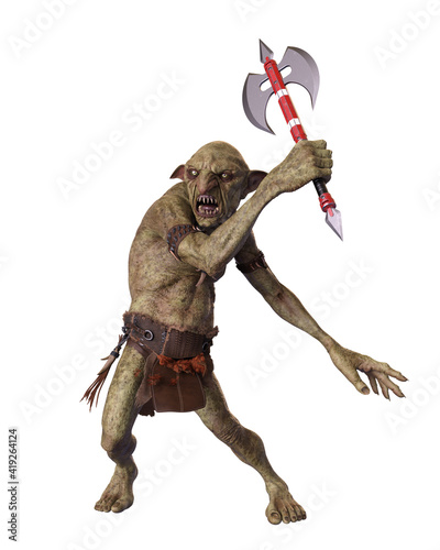 Hobgoblin fighting with an axe. 3d illustration isolated on white background.