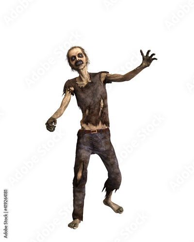 Zombie man staggering forwards to attack. 3d illustration isolated on white background.