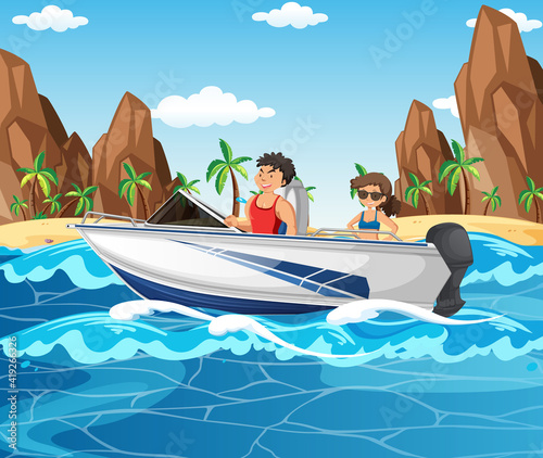 A couple driving speed boat in the beach scene