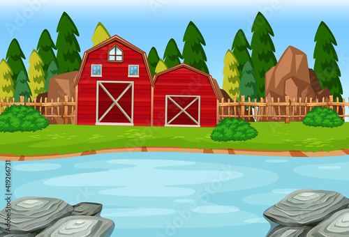 Two red barns in the nature scene