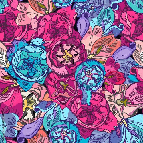 Floral seamless pattern in vintage style in bright colors.