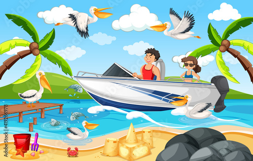 Beach scene with a couple on a boat