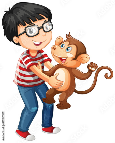 Boy holding a little monkey isolated on white background