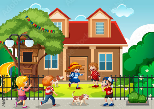Outdoor scene with many children playing in front of the house