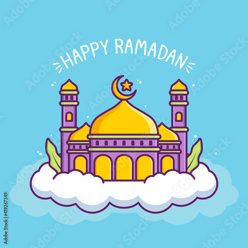 cute happy ramadan illustration with mosque in the cloud